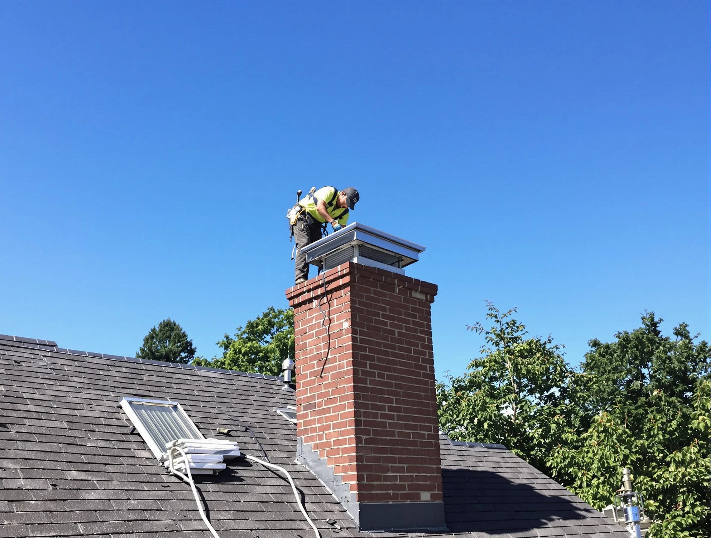 Fairfield Chimney Sweep technician measuring a chimney cap in Fairfield, AL