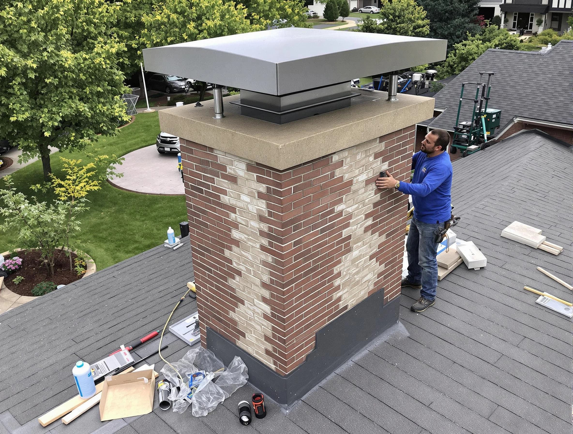 Fairfield Chimney Sweep team working on a custom chimney remodel in Fairfield, AL